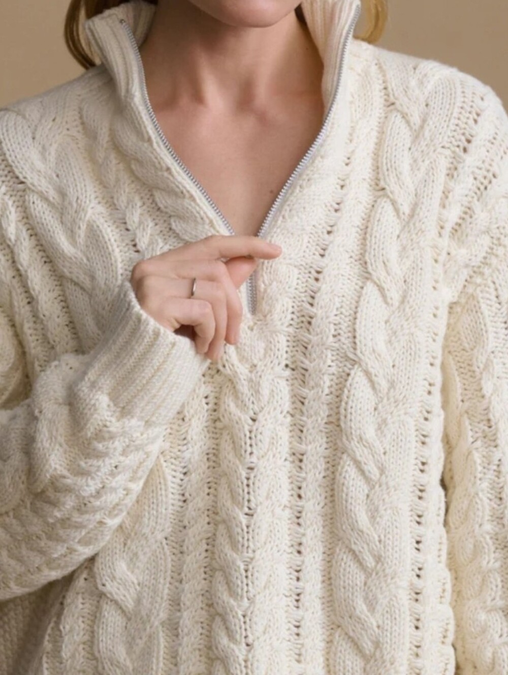 Jenni Kayne Cotton Cable-Knit Zip Sweater In Cream | Size Large - Picture 2 of 9